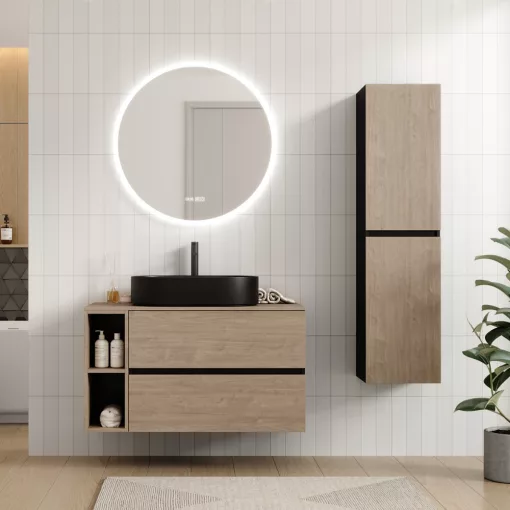 HD Zyra Pro+ Black-Oak 100 komplett fürdőszoba bútor szett fali push-to-open mosdószekrénnyel, oak mosdópulttal, kiegészítő oak fali modullal, tükörrel és magasszekrénnyel