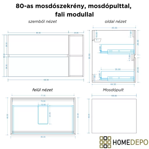 HD Zyra Pro+ Black-Oak 100 komplett fürdőszoba bútor szett fali push-to-open mosdószekrénnyel, oak mosdópulttal, kiegészítő oak fali modullal, tükörrel és magasszekrénnyel