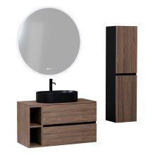 HD Zyra+ Black-Oak 100 komplett fürdőszoba bútor szett fali mosdószekrénnyel, oak mosdópulttal, kiegészítő oak fali modullal, tükörrel és magasszekrénnyel