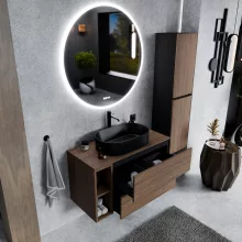 HD Zyra+ Black-Oak 100 komplett fürdőszoba bútor szett fali mosdószekrénnyel, oak mosdópulttal, kiegészítő oak fali modullal, tükörrel és magasszekrénnyel