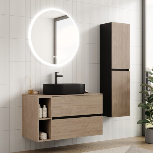 HD Zyra+ Black-Oak 100 komplett fürdőszoba bútor szett fali mosdószekrénnyel, oak mosdópulttal, kiegészítő oak fali modullal, tükörrel és magasszekrénnyel