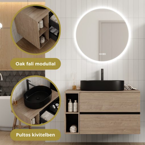HD Zyra+ Black-Oak 100 komplett fürdőszoba bútor szett fali mosdószekrénnyel, oak mosdópulttal, kiegészítő oak fali modullal, tükörrel és magasszekrénnyel