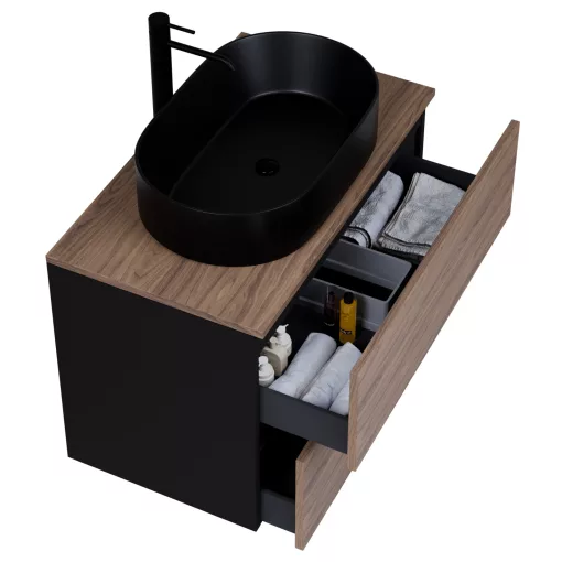 HD Zyra Black-Oak 80 komplett fürdőszoba bútor szett fali mosdószekrénnyel, oak mosdópulttal, tükörrel és magasszekrénnyel