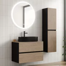 HD Zyra Black-Oak 80 komplett fürdőszoba bútor szett fali mosdószekrénnyel, oak mosdópulttal, tükörrel és magasszekrénnyel