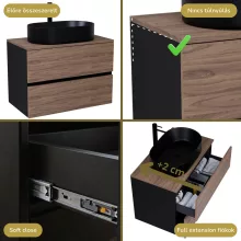 HD Zyra Black-Oak 80 komplett fürdőszoba bútor szett fali mosdószekrénnyel, oak mosdópulttal, tükörrel és magasszekrénnyel