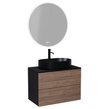 HD Zyra Pro Black-Oak 80 komplett fürdőszoba bútor fali push-to-open mosdószekrénnyel, fekete mosdópulttal és tükörrel