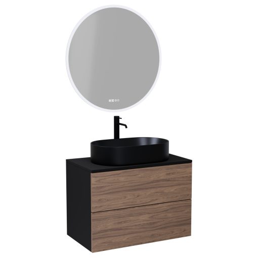 HD Zyra Pro Black-Oak 80 komplett fürdőszoba bútor fali push-to-open mosdószekrénnyel, fekete mosdópulttal és tükörrel