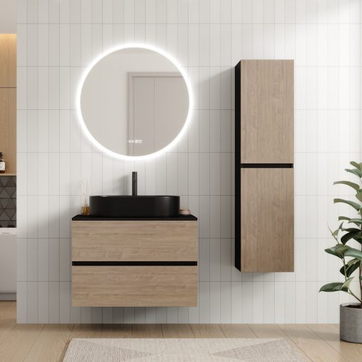 HD Zyra Pro Black-Oak 80 komplett fürdőszoba bútor fali push-to-open mosdószekrénnyel, fekete mosdópulttal és tükörrel