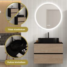 HD Zyra Pro Black-Oak 80 komplett fürdőszoba bútor fali push-to-open mosdószekrénnyel, fekete mosdópulttal és tükörrel