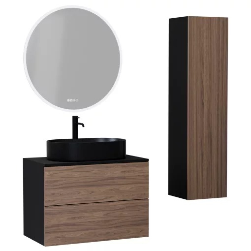HD Zyra Pro Black-Oak 80 komplett fürdőszoba bútor szett fali push-to-open mosdószekrénnyel, fekete mosdópulttal, tükörrel és magasszekrénnyel