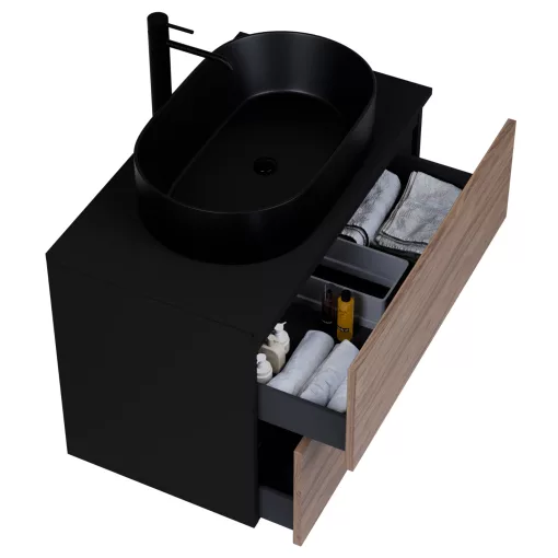 HD Zyra Pro Black-Oak 80 komplett fürdőszoba bútor szett fali push-to-open mosdószekrénnyel, fekete mosdópulttal, tükörrel és magasszekrénnyel