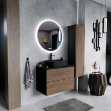 HD Zyra Pro Black-Oak 80 komplett fürdőszoba bútor szett fali push-to-open mosdószekrénnyel, fekete mosdópulttal, tükörrel és magasszekrénnyel