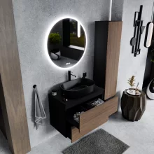 HD Zyra Pro Black-Oak 80 komplett fürdőszoba bútor szett fali push-to-open mosdószekrénnyel, fekete mosdópulttal, tükörrel és magasszekrénnyel