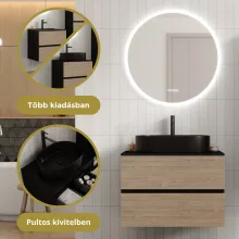 HD Zyra Pro Black-Oak 80 komplett fürdőszoba bútor szett fali push-to-open mosdószekrénnyel, fekete mosdópulttal, tükörrel és magasszekrénnyel