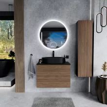 HD Zyra Pro Black-Oak 80 komplett fürdőszoba bútor szett fali push-to-open mosdószekrénnyel, fekete mosdópulttal, tükörrel és magasszekrénnyel
