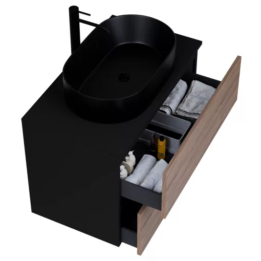 HD Zyra Black-Oak 80 komplett fürdőszoba bútor szett fali mosdószekrénnyel, fekete mosdópulttal, tükörrel és magasszekrénnyel