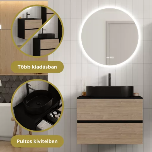 HD Zyra Black-Oak 80 komplett fürdőszoba bútor szett fali mosdószekrénnyel, fekete mosdópulttal, tükörrel és magasszekrénnyel