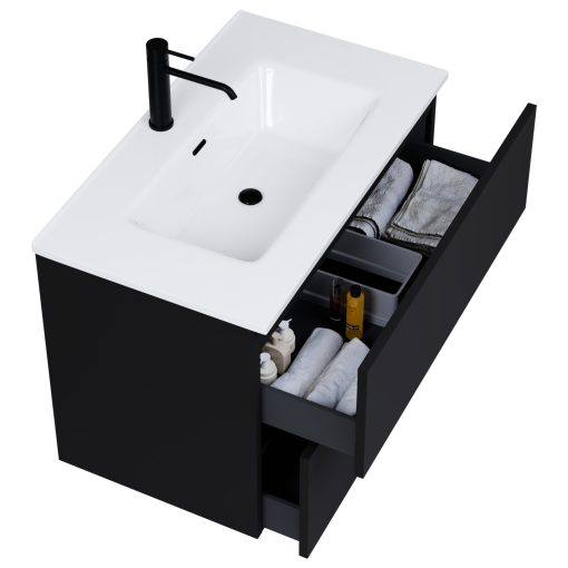 HD Aria Pro Black 80 fali mosdószekrény, push-to-open mechanizmussal, fényes fehér slim mosdóval