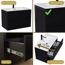 HD Aria Pro Black 80 fali mosdószekrény, push-to-open mechanizmussal, fényes fehér slim mosdóval