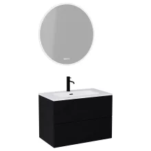 HD Aria Pro Black 80 komplett fürdőszoba bútor fali push-to-open mosdószekrénnyel, fényes fehér slim mosdóval és tükörrel