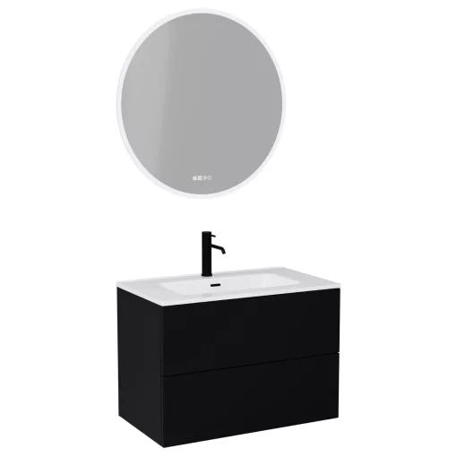 HD Aria Pro Black 80 komplett fürdőszoba bútor fali push-to-open mosdószekrénnyel, fényes fehér slim mosdóval és tükörrel