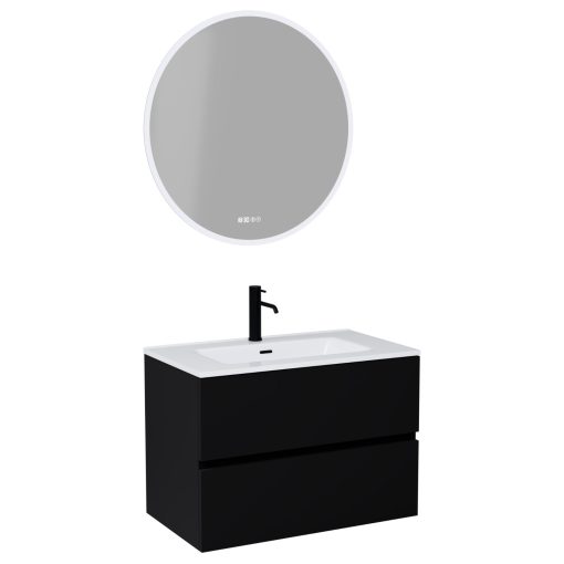 HD Aria Black 80 komplett fürdőszoba bútor fali mosdószekrénnyel, fényes fehér slim mosdóval és tükörrel