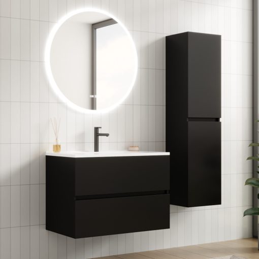 HD Aria Black 80 komplett fürdőszoba bútor fali mosdószekrénnyel, fényes fehér slim mosdóval és tükörrel