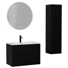 HD Aria Pro Black 80 komplett fürdőszoba bútor szett fali push-to-open mosdószekrénnyel, fényes fehér slim mosdóval, tükörrel és magasszekrénnyel