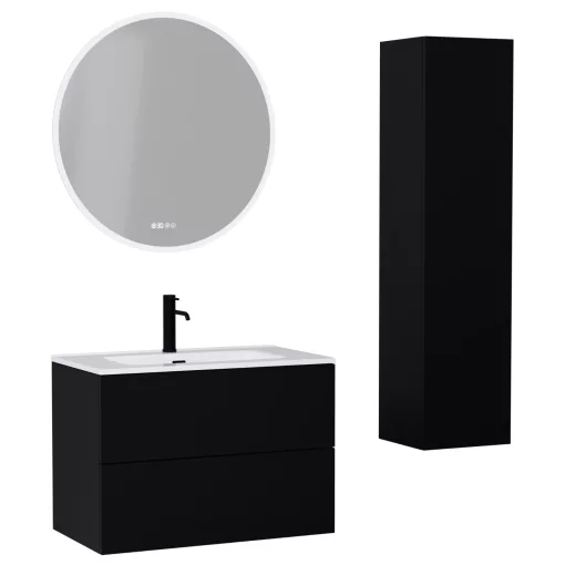 HD Aria Pro Black 80 komplett fürdőszoba bútor szett fali push-to-open mosdószekrénnyel, fényes fehér slim mosdóval, tükörrel és magasszekrénnyel