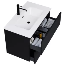 HD Aria Pro Black 80 komplett fürdőszoba bútor szett fali push-to-open mosdószekrénnyel, fényes fehér slim mosdóval, tükörrel és magasszekrénnyel