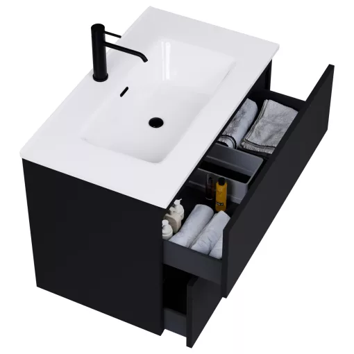 HD Aria Pro Black 80 komplett fürdőszoba bútor szett fali push-to-open mosdószekrénnyel, fényes fehér slim mosdóval, tükörrel és magasszekrénnyel