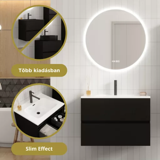 HD Aria Pro Black 80 komplett fürdőszoba bútor szett fali push-to-open mosdószekrénnyel, fényes fehér slim mosdóval, tükörrel és magasszekrénnyel