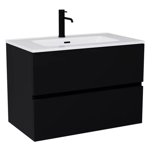 HD Aria Black 80 komplett fürdőszoba bútor szett fali mosdószekrénnyel, fényes fehér slim mosdóval, tükörrel és magasszekrénnyel