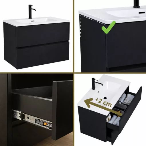 HD Aria Black 80 komplett fürdőszoba bútor szett fali mosdószekrénnyel, fényes fehér slim mosdóval, tükörrel és magasszekrénnyel