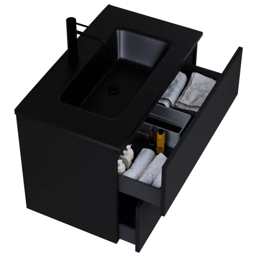 HD Aria Pro Black 80 fali mosdószekrény, push-to-open mechanizmussal, matt fekete slim mosdóval