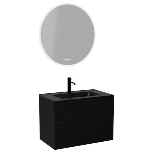 HD Aria Pro Black 80 komplett fürdőszoba bútor fali push-to-open mosdószekrénnyel, matt fekete slim mosdóval és tükörrel