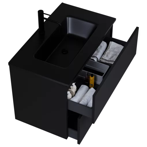 HD Aria Pro Black 80 komplett fürdőszoba bútor fali push-to-open mosdószekrénnyel, matt fekete slim mosdóval és tükörrel