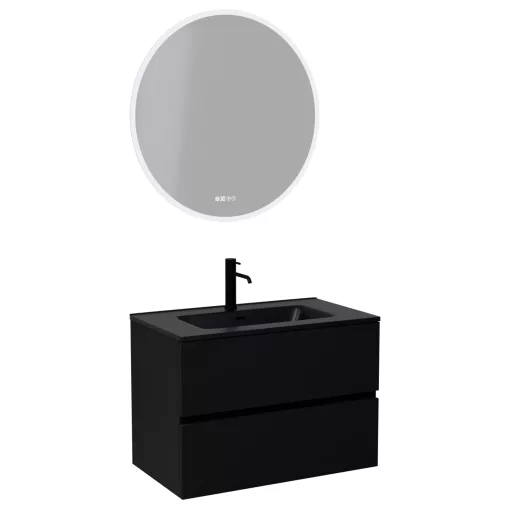 HD Aria Black 80 komplett fürdőszoba bútor fali mosdószekrénnyel, matt fekete slim mosdóval és tükörrel