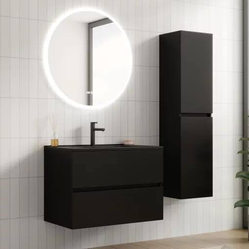 HD Aria Black 80 komplett fürdőszoba bútor fali mosdószekrénnyel, matt fekete slim mosdóval és tükörrel