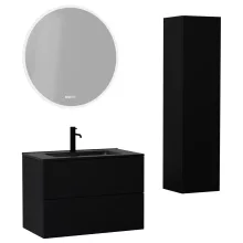 HD Aria Pro Black 80 komplett fürdőszoba bútor szett fali push-to-open mosdószekrénnyel, matt fekete slim mosdóval, tükörrel és magasszekrénnyel