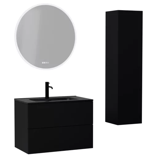 HD Aria Pro Black 80 komplett fürdőszoba bútor szett fali push-to-open mosdószekrénnyel, matt fekete slim mosdóval, tükörrel és magasszekrénnyel