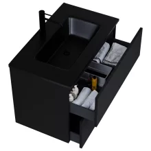 HD Aria Pro Black 80 komplett fürdőszoba bútor szett fali push-to-open mosdószekrénnyel, matt fekete slim mosdóval, tükörrel és magasszekrénnyel