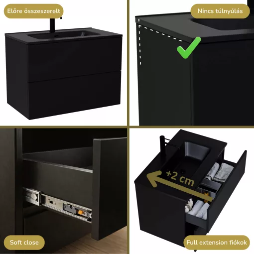HD Aria Pro Black 80 komplett fürdőszoba bútor szett fali push-to-open mosdószekrénnyel, matt fekete slim mosdóval, tükörrel és magasszekrénnyel
