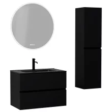 HD Aria Black 80 komplett fürdőszoba bútor szett fali mosdószekrénnyel, matt fekete slim mosdóval, tükörrel és magasszekrénnyel