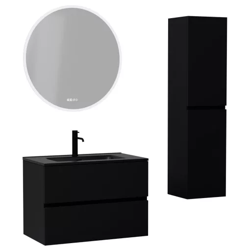 HD Aria Black 80 komplett fürdőszoba bútor szett fali mosdószekrénnyel, matt fekete slim mosdóval, tükörrel és magasszekrénnyel
