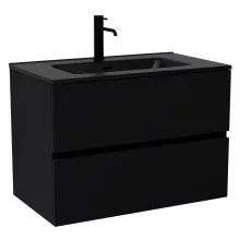 HD Aria Black 80 komplett fürdőszoba bútor szett fali mosdószekrénnyel, matt fekete slim mosdóval, tükörrel és magasszekrénnyel