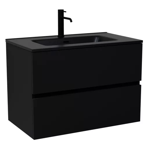 HD Aria Black 80 komplett fürdőszoba bútor szett fali mosdószekrénnyel, matt fekete slim mosdóval, tükörrel és magasszekrénnyel