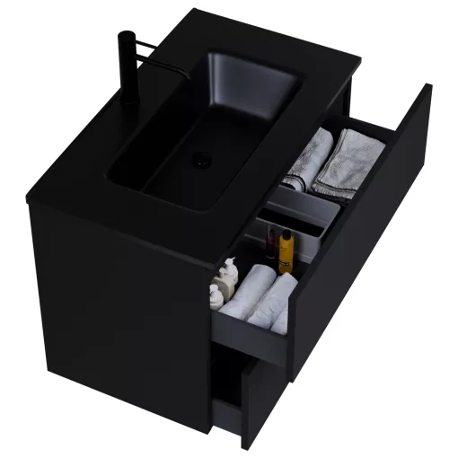 HD Aria Black 80 komplett fürdőszoba bútor szett fali mosdószekrénnyel, matt fekete slim mosdóval, tükörrel és magasszekrénnyel