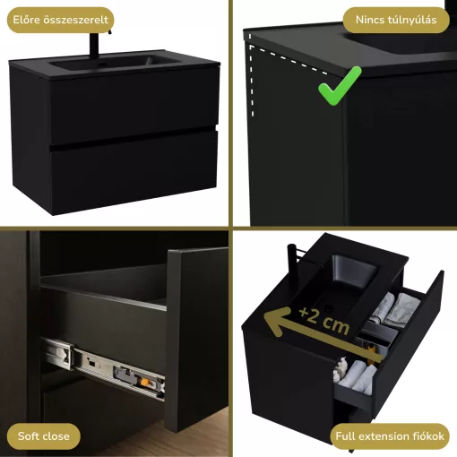 HD Aria Black 80 komplett fürdőszoba bútor szett fali mosdószekrénnyel, matt fekete slim mosdóval, tükörrel és magasszekrénnyel