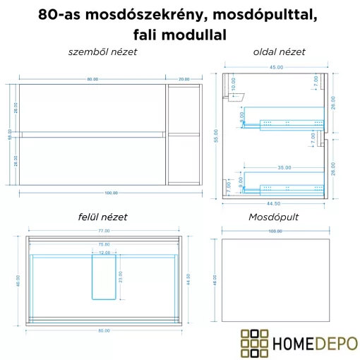 HD Zyra+ Black 100 fali mosdószekrény oak mosdópulttal és kiegészítő oak fali modullal